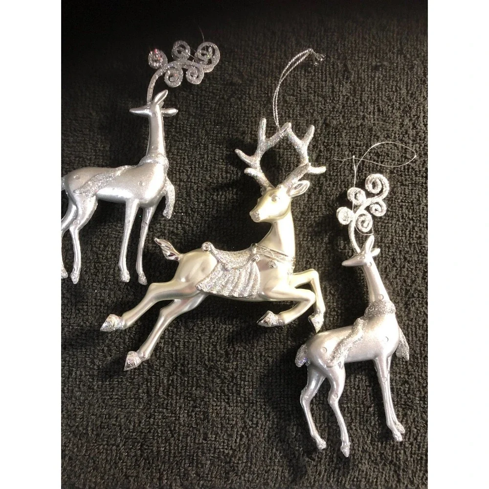 3 ~ Silver Cast Metal Reindeer Ornaments Leaping Prancing Fine Glitter READ